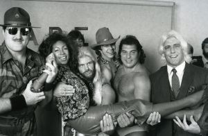 Mary Wilson of Supremes with Wrestlers 1985, NY.jpg